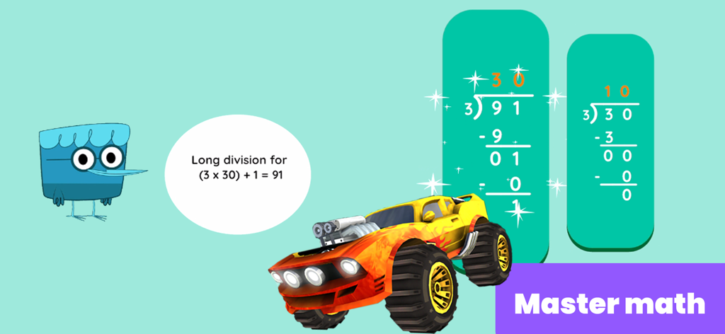 Kids racing game showing a monster truck and long division math exercises