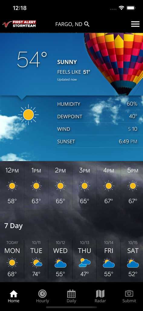 VNL Weather - VNL Weather app home screen showing current sunny conditions and seven day forecast for Fargo North Dakota