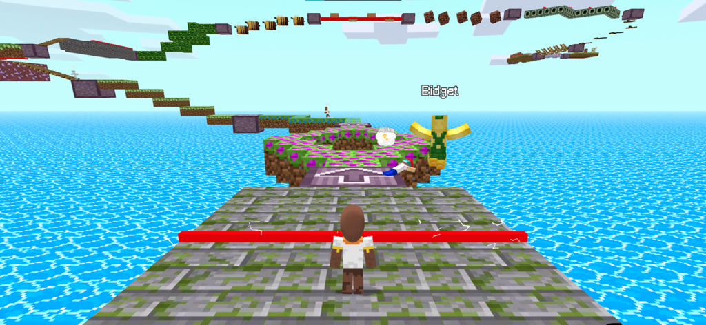 Tenge Jump Up: Heaven or Hell - A blocky character standing on a stone platform in a 3D obby level over blue water