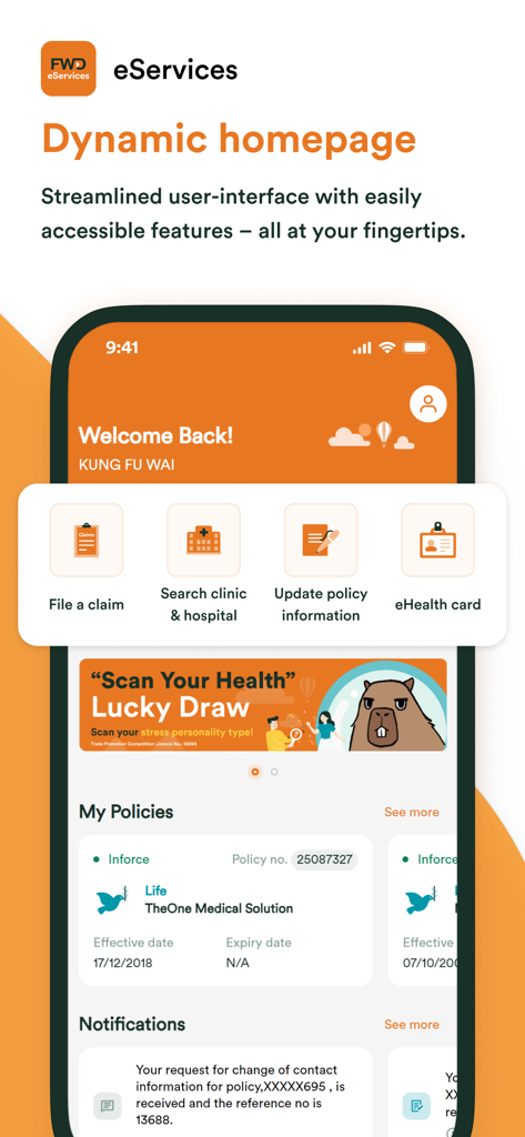 FWD eServices HK - FWD eServices HK app homepage featuring quick access icons for filing claims, searching clinics, and managing insurance policies.
