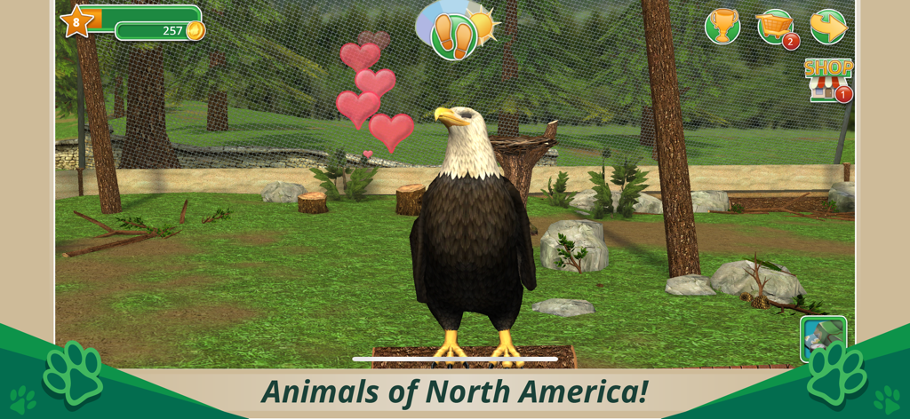 Un águila calva en un recinto de rescate de animales norteamericanos con iconos de corazón