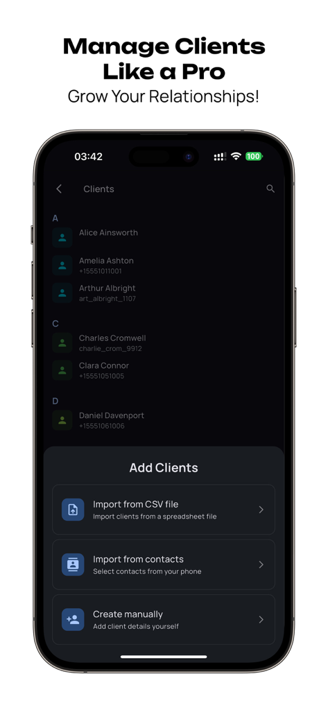 Bookora Calendar - Interfaz de la aplicación Bookora Calendar mostrando la lista de clientes y opciones para importar contactos desde archivos CSV o listas telefónicas.