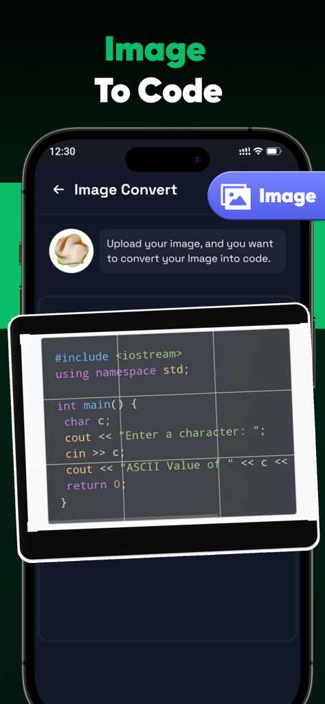 Code AI: Learn Programming - Una pantalla de smartphone mostrando la función de Imagen a Código convirtiendo un fragmento de código C más más de una imagen a texto.