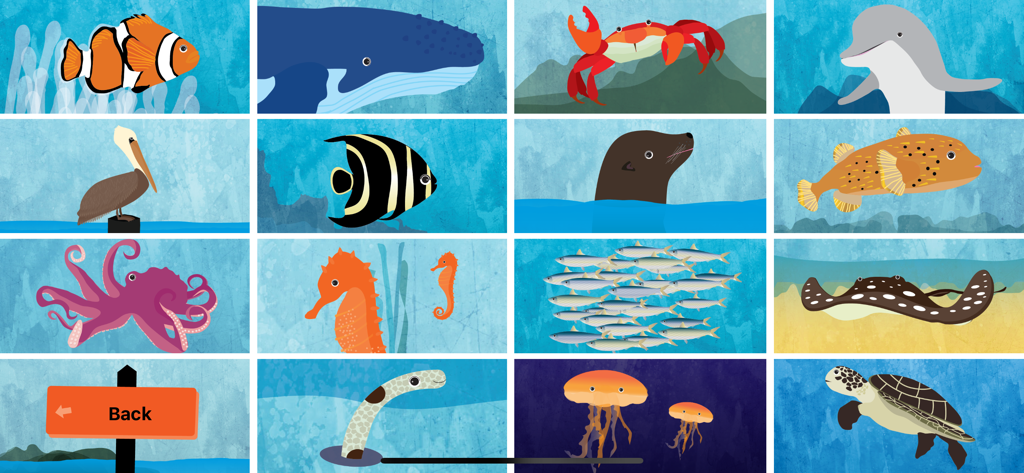 Una cuadrícula de dieciséis coloridas ilustraciones de animales marinos dibujados a mano de la colección de la aplicación Peek-a-Zoo.