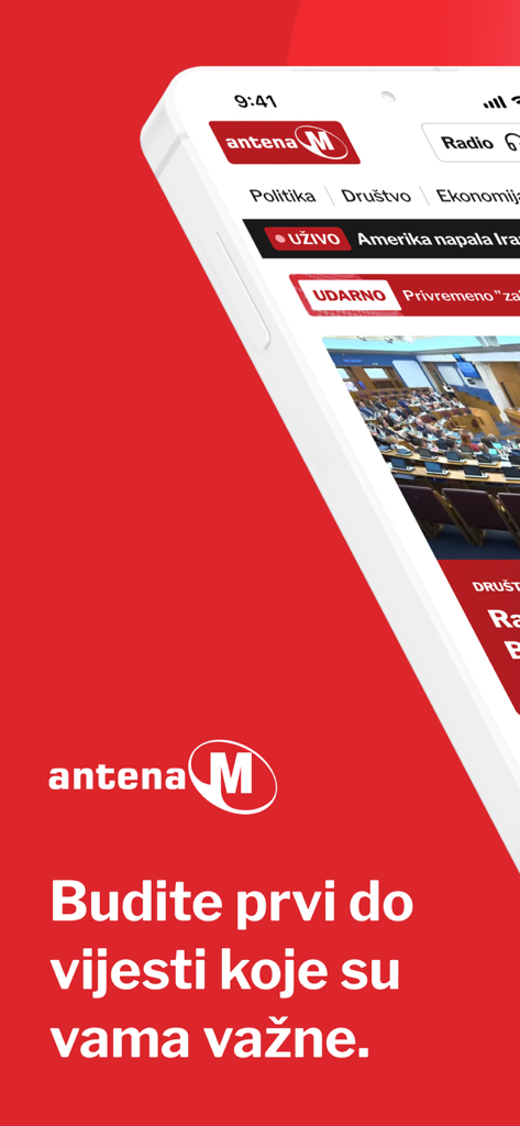 AntenaM mobile app interface showing news categories and live radio options on a red background