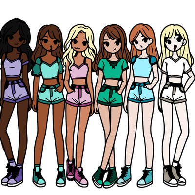 a group of girls wearing crop tops and shorts