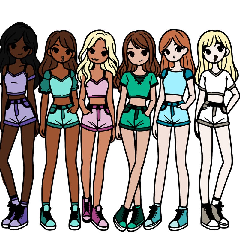 a group of girls wearing crop tops and shorts