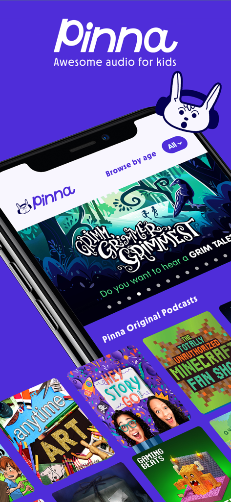 Pinna: Audio stories for kids - Pinna mobile app displaying audio stories and original podcasts for kids