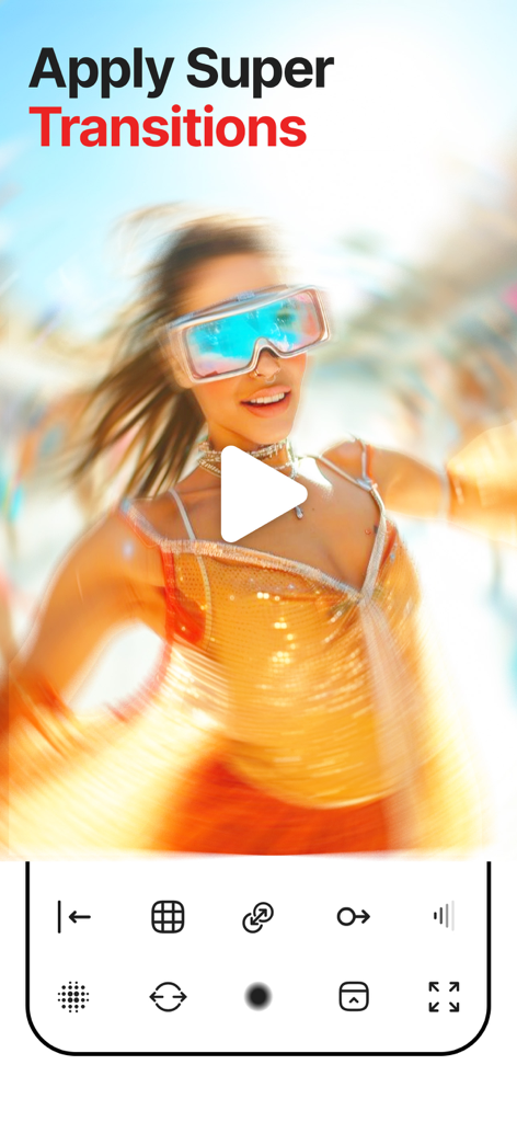 SpeedPro Slow speed video edit - A woman with futuristic glasses shown with a motion blur transition effect in the SpeedPro video editing app