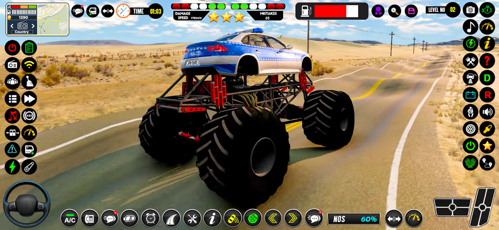 A monster truck with a police car body driving on a desert stunt track