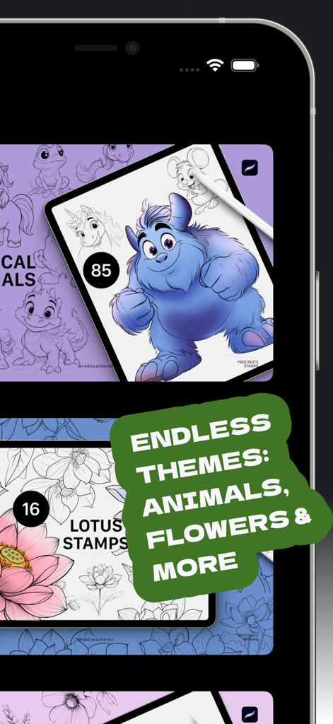 Stamps for Procreate - A mobile app preview showing various stamp themes for Procreate including animals and flowers.