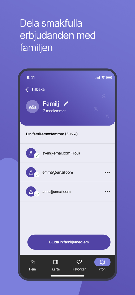 Mobile app interface of RC-Appen showing family group management and member email list for sharing discounts