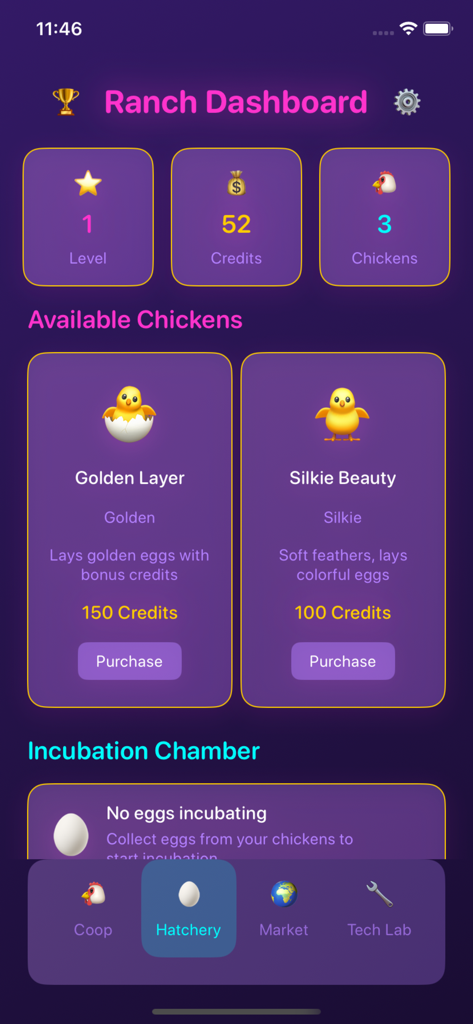 Panel de control del rancho en Nest Stories que muestra las razas de pollos disponibles, como Golden Layer y Silkie Beauty