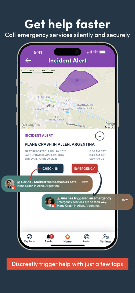 OZZI - Global Personal Safety - OZZI App-Screenshot zeigt eine Sicherheitswarnungs-Karte mit Check-in- und Notfallhilfe-Schaltflächen.