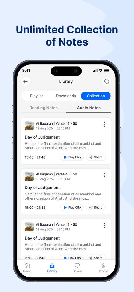 Interface of The Clear Quran Audiobook showing the unlimited collection of audio notes feature