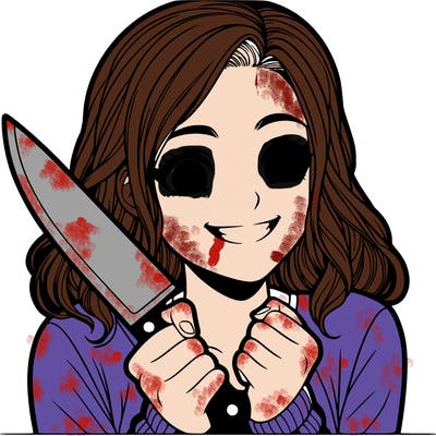 a realistic girl holding a knife and grinning