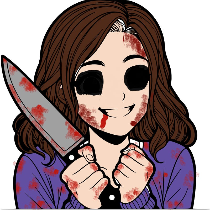 a realistic girl holding a knife and grinning