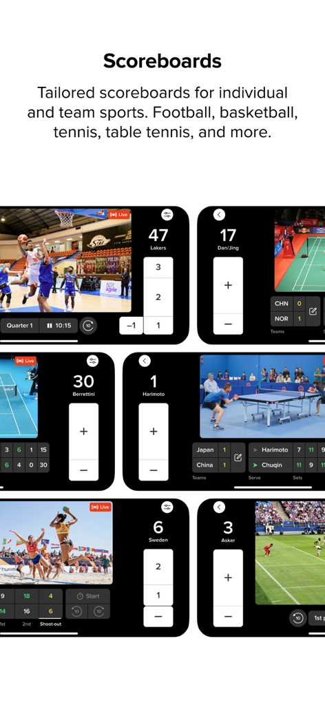 Joymo Share - Joymo Share app interface showing tailored scoreboards for individual and team sports
