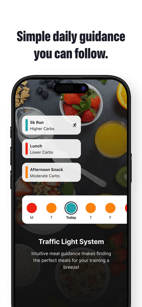 Fuelin app interface showing the traffic light system for daily performance nutrition and carb management