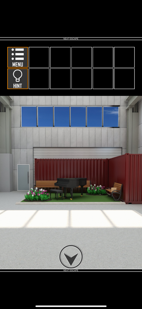 Escape Game:Warehouse - A grand piano sitting on a patch of grass inside an industrial warehouse in a puzzle escape game.