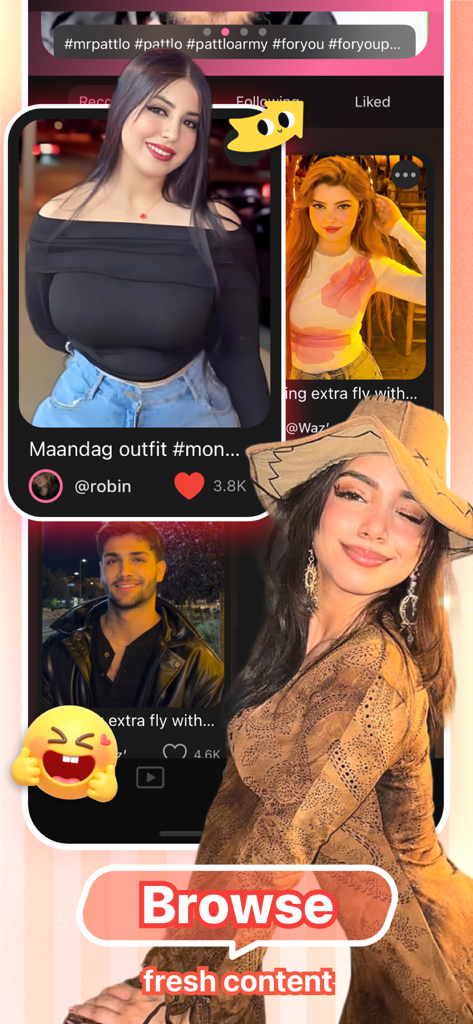 Lilia - Chat - Interface der Lilia-Mode-App mit verschiedenen Creator-Outfit-Videos und der Meldung 'Browse fresh content'.
