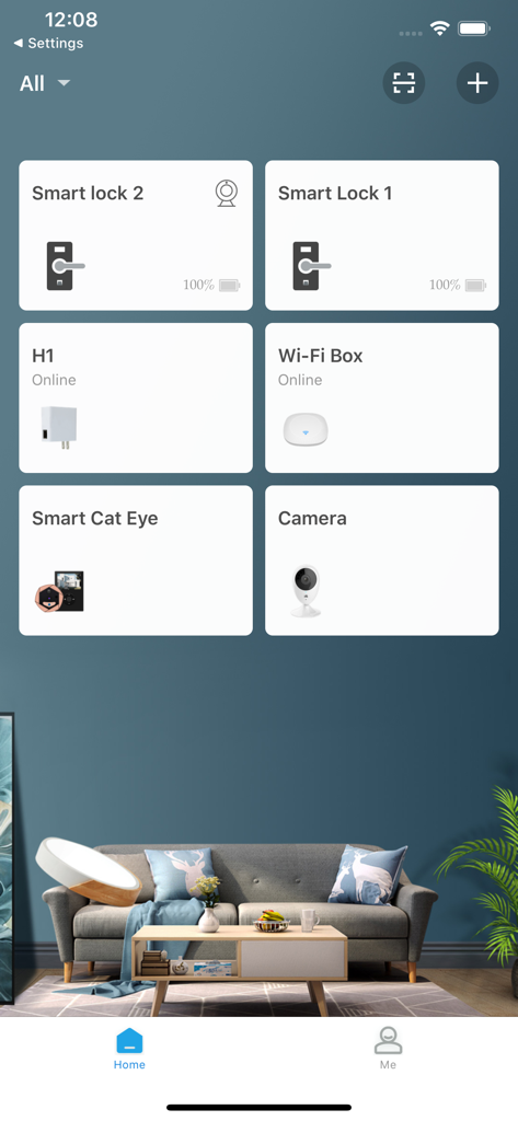 WisHome app home screen displaying a dashboard of connected smart devices including locks and cameras