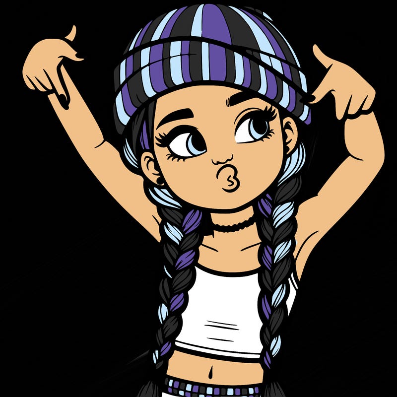 realistic teenage girl with braids and a beanie and crop top doing 🫶🏼