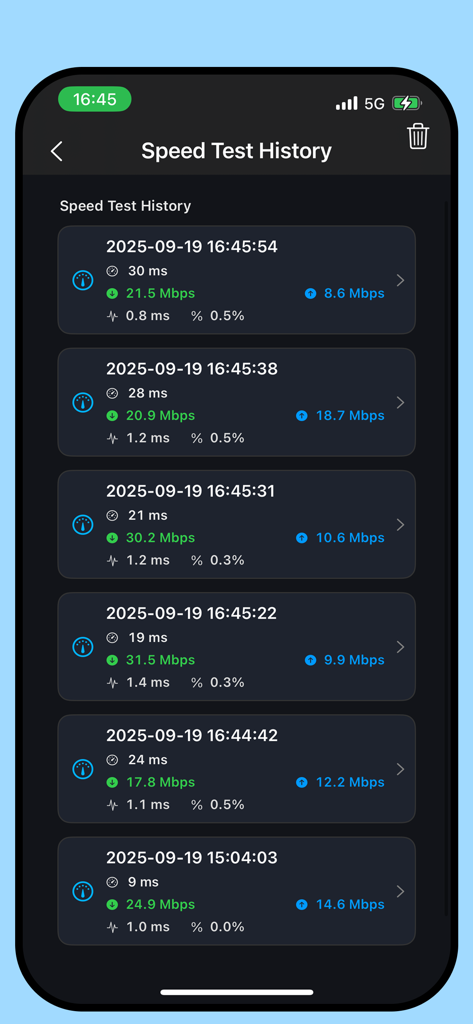 VPN - Buck Super - Interface of VPN - Buck Super app displaying a detailed speed test history log with latency, jitter, and download speeds.