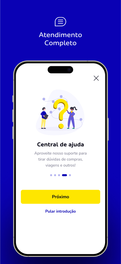 Tela da central de ajuda do aplicativo de viagens da CVC com informações de suporte ao cliente e uma ilustração de ponto de interrogação