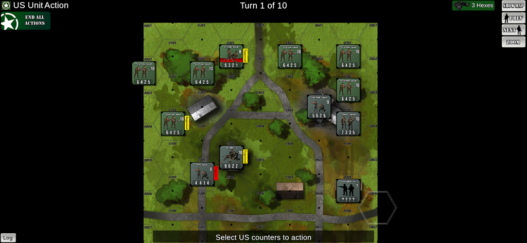 Skirmish 1944 - A tactical view of Skirmish 1944 showing military counters on a hex-based map during a WWII turn-based battle.