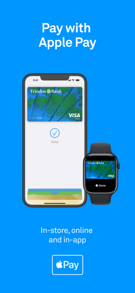 Triodos Bank UK - iPhone and Apple Watch showing Triodos Bank card for Apple Pay