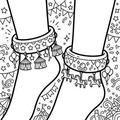 Embark on a charming coloring journey with this delightful Kawaii Carnival anklets design. Featuring whimsical circus tents and joyful carousel horses, it perfectly blends cuteness with festive energy.