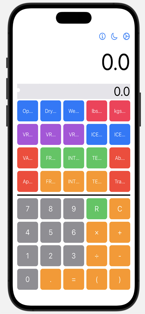 CCalc - CCalc app interface with custom color coded buttons for aircraft calculations