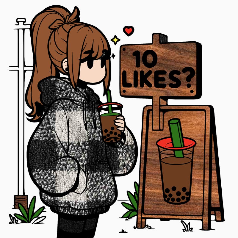 girl with oversized hoodie drinking boba and she has a high ponytail with a sign that says 10likes?