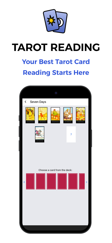 Mystic Tarot Reading & Cards - 7日間のタロットカードスプレッドとカード選択デッキを表示するモバイルアプリインターフェイス