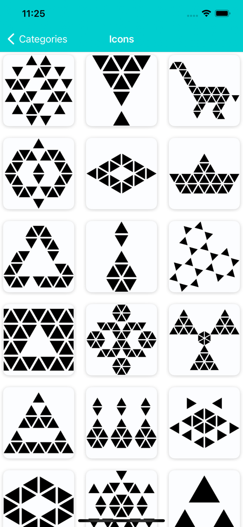 Logo Maker - Create Design - Uma grade de templates de ícones geométricos abstratos com padrões feitos de triângulos pretos sobre um fundo branco