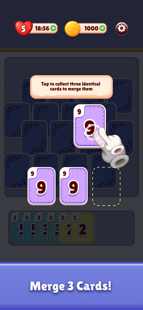 Card Merge Master - Card Merge Master Rätselspiel-Bildschirm, der die Zusammenführungs-3-Karten-Mechanik mit numerischen Karten zeigt