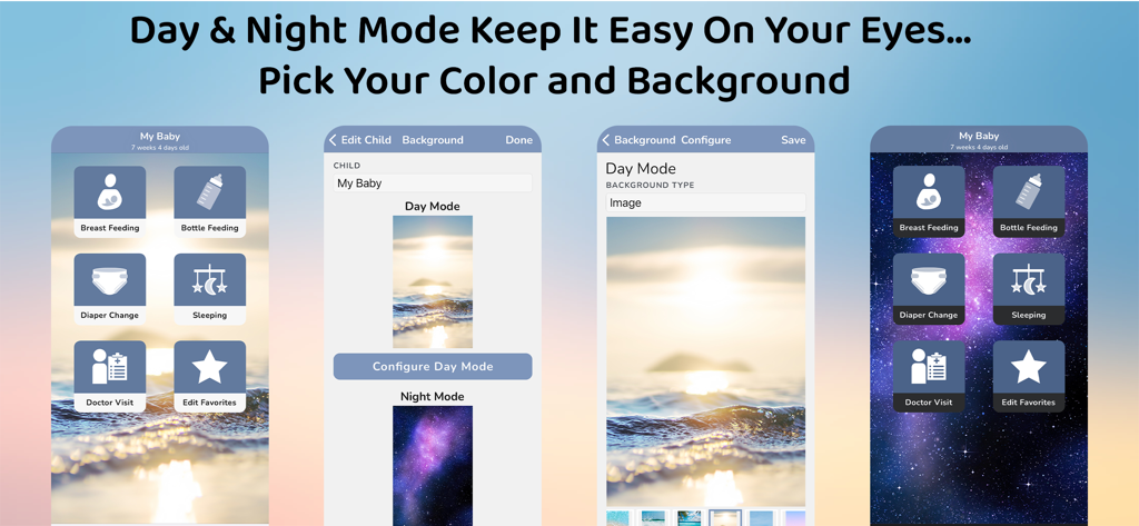 ParentLove baby tracker app interface showing day and night mode customization features with different background options.