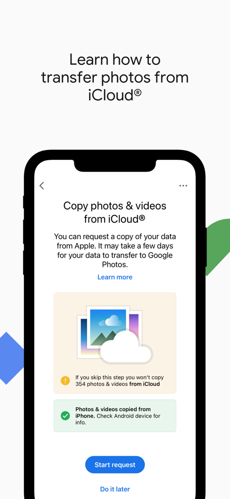 Android Switch - Pantalla de la aplicación Android Switch para transferir fotos y vídeos de iCloud a Google Photos