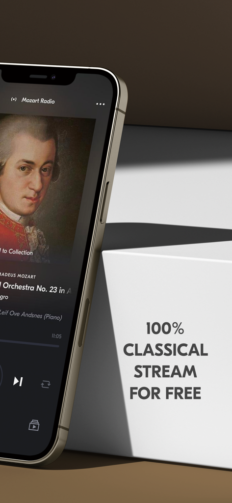 IDAGIO Stream Classical Music - Smartphone displaying the IDAGIO app with Mozart music next to a sign for free classical music streaming.