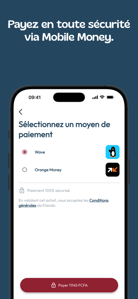 Klando - WaveとOrange Moneyオプションを備えたKlandoアプリの安全なモバイルマネー決済選択画面。