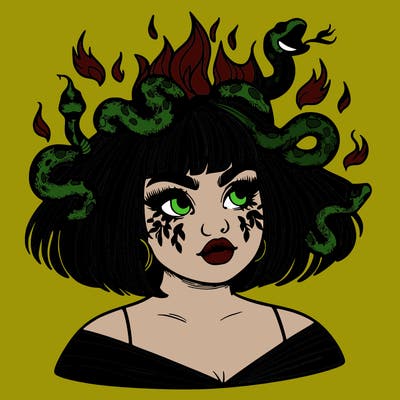 a plus size girl with short hair and snakes coming off her head like medusa, and flames in her eyes, beautiful and realistic