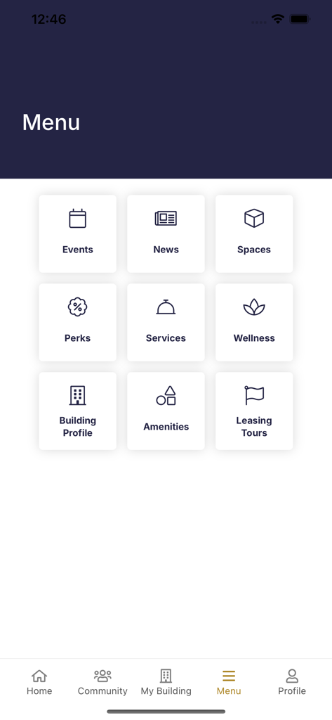 PLQ Workplace V3 - Menu screen of PLQ Workplace V3 app featuring a grid of service icons including Events News Perks and Wellness