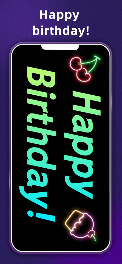 LED Banner - Big Text Scroller - Pantalla de smartphone mostrando un mensaje de Feliz Cumpleaños de neón con iconos coloridos de cereza y cupcake usando la app LED Banner.
