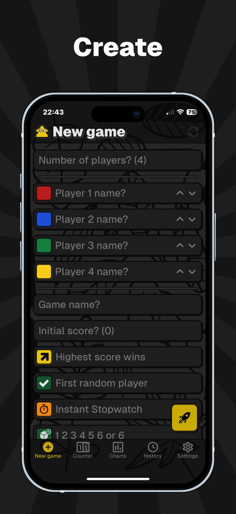 MyScoreTracker – Score Counter - Interface of MyScoreTracker app showing the setup screen to create a new game with options for players colors and scoring rules