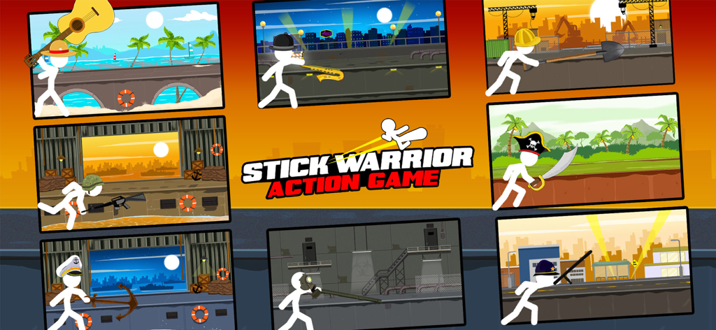 A collage showing various stickman characters and environments from Stick Warrior Action Game.