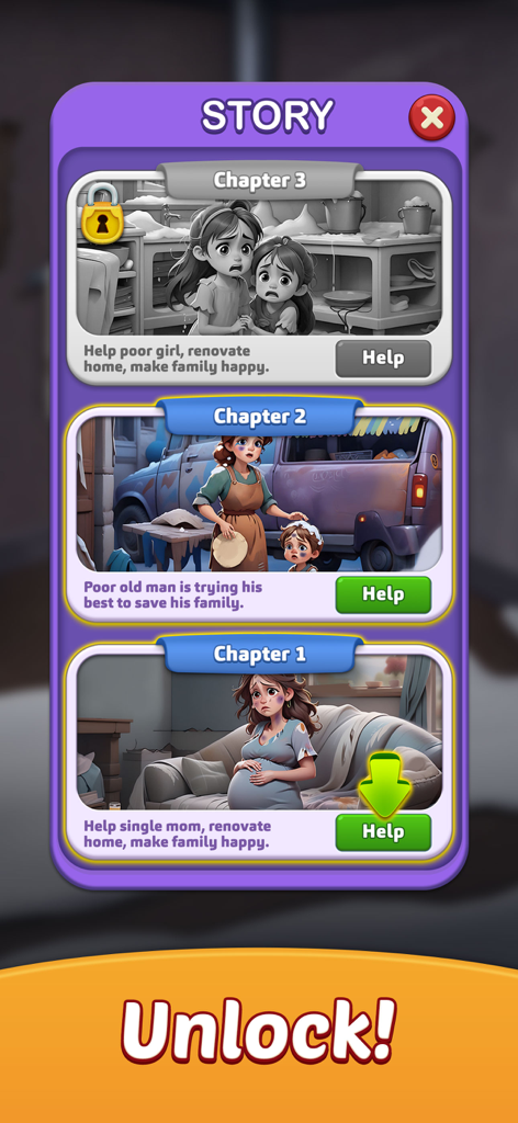 Bubbles Shooter - Story selection screen showing chapters to help characters and renovate homes in Bubbles Shooter.