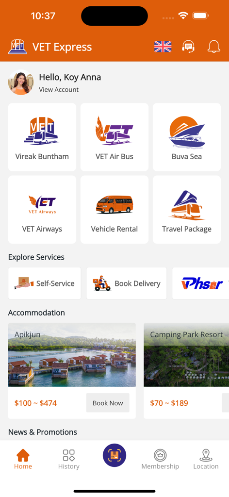 VET Express - VET Express mobile app home screen featuring transport services, delivery booking, and accommodation listings