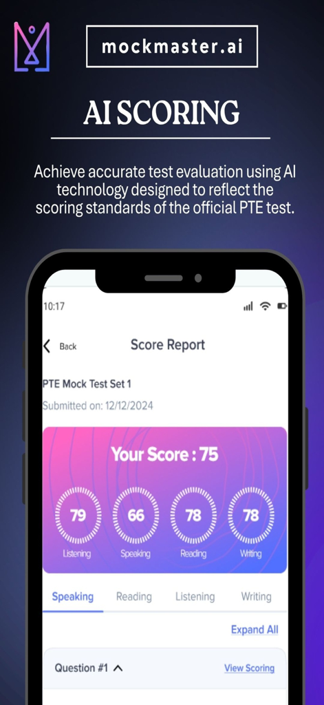 Interfaccia dell'app Mockmaster.ai che mostra un report dettagliato dei punteggi del test simulato PTE con risultati basati sull'IA per ascolto, parlato, lettura e scrittura.
