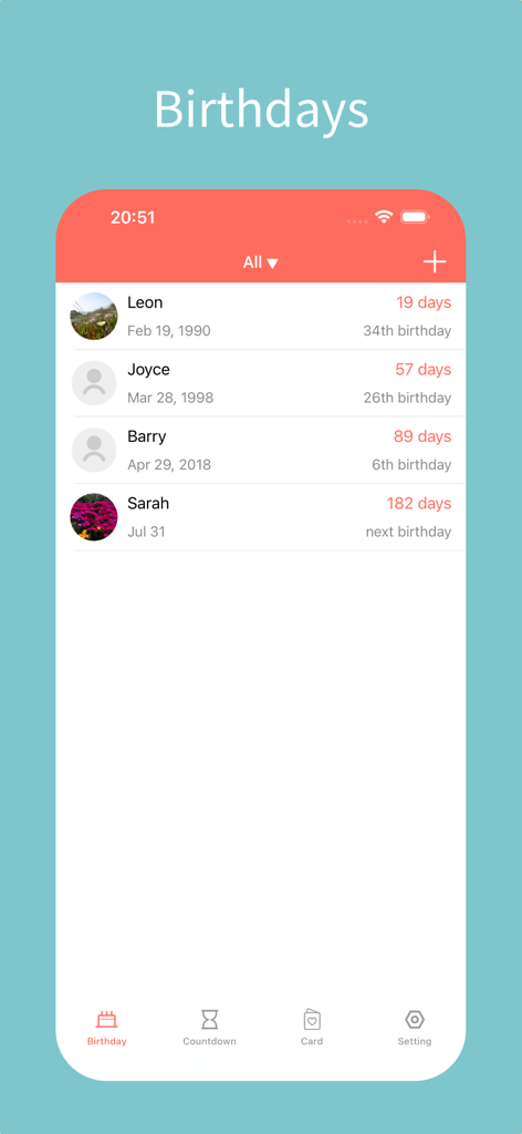 Birthday Reminder Countdown - Una lista de próximos cumpleaños con nombres de contacto, fechas y una cuenta regresiva de los días restantes para cada persona en la aplicación.